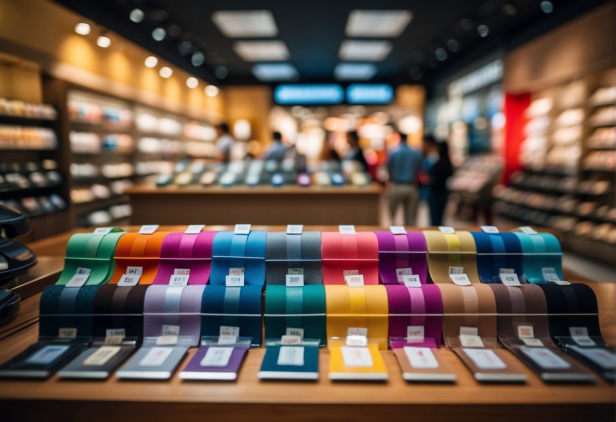 A colorful display of swatch promotions in a bustling Singapore shop
