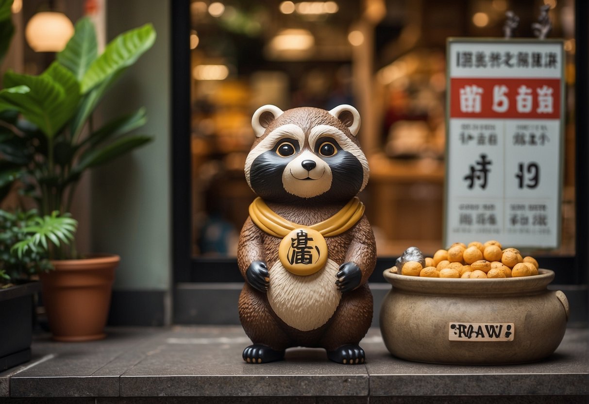 A tanuki statue stands outside a shop in Singapore, with a sign promoting raw products. The tanuki has a mischievous grin and a large belly