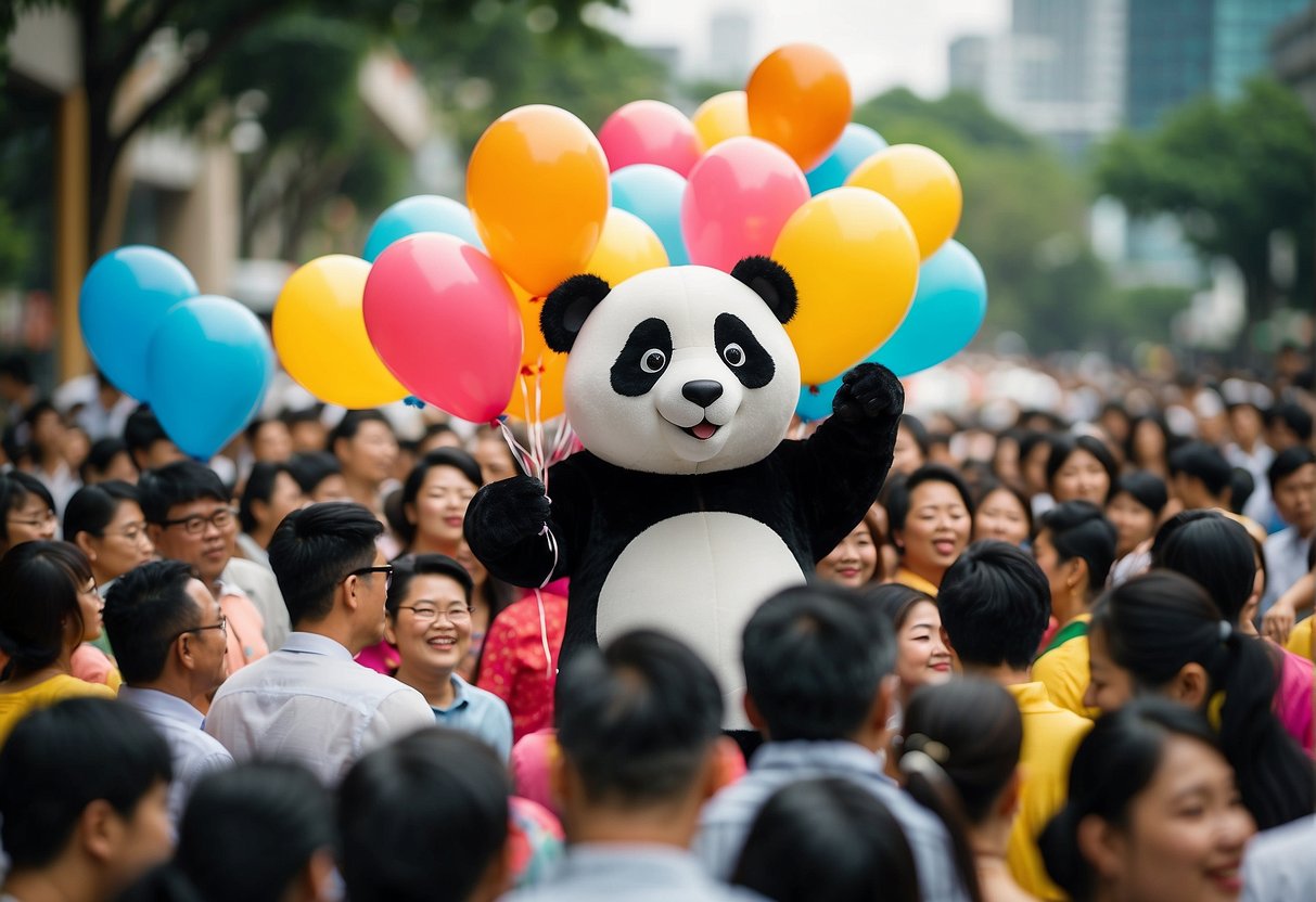 A panda mascot surrounded by colorful banners and balloons, with a crowd of people gathered around for a promotional event in Singapore