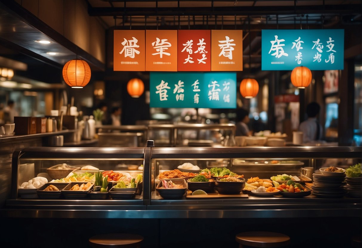 A bustling restaurant with colorful banners advertising Japanese cuisine promotions, featuring tantalizing dishes and vibrant decor
