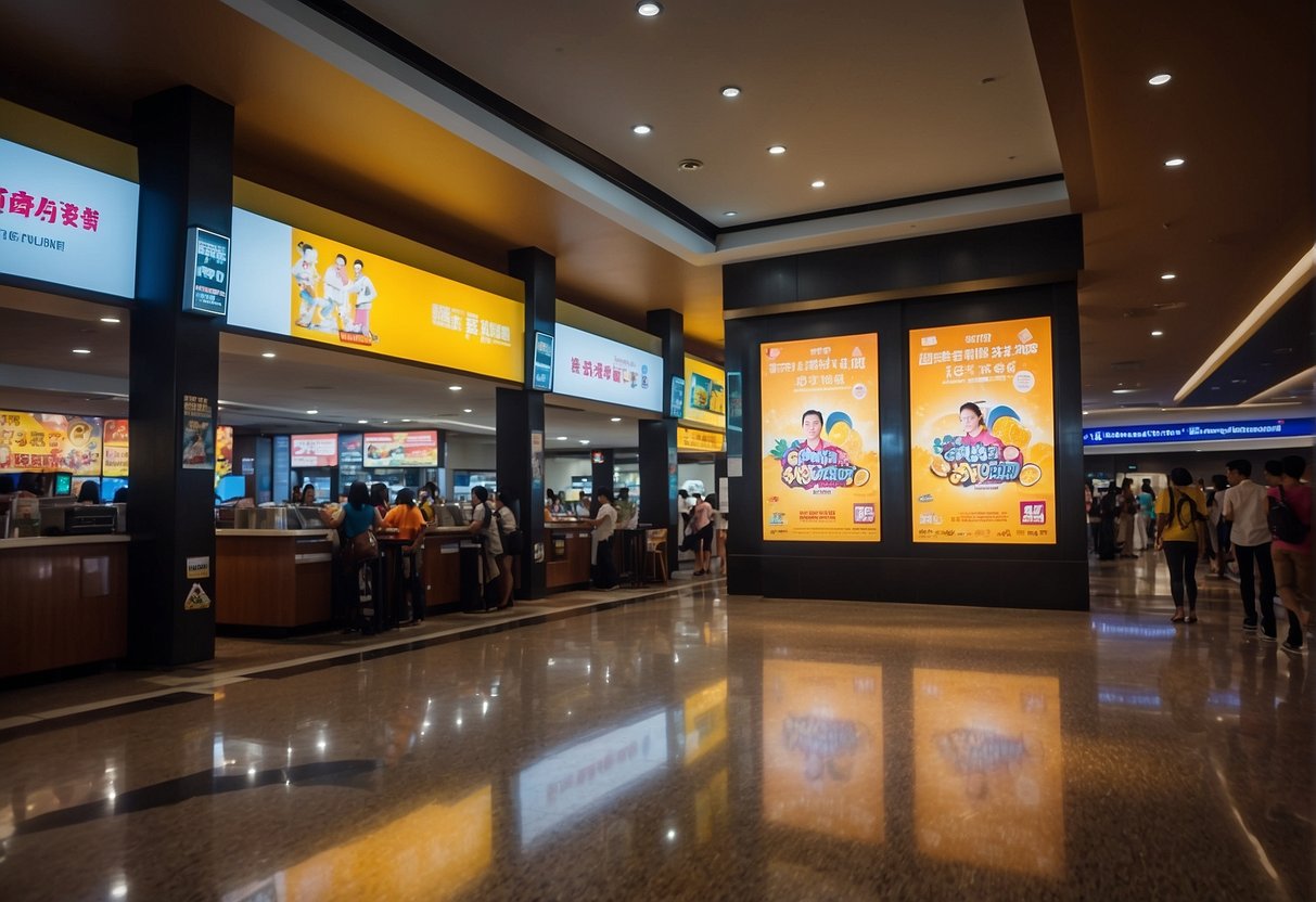 Paya Lebar GV promotions in Singapore: A bustling cinema lobby with colorful posters, ticket counters, and excited movie-goers