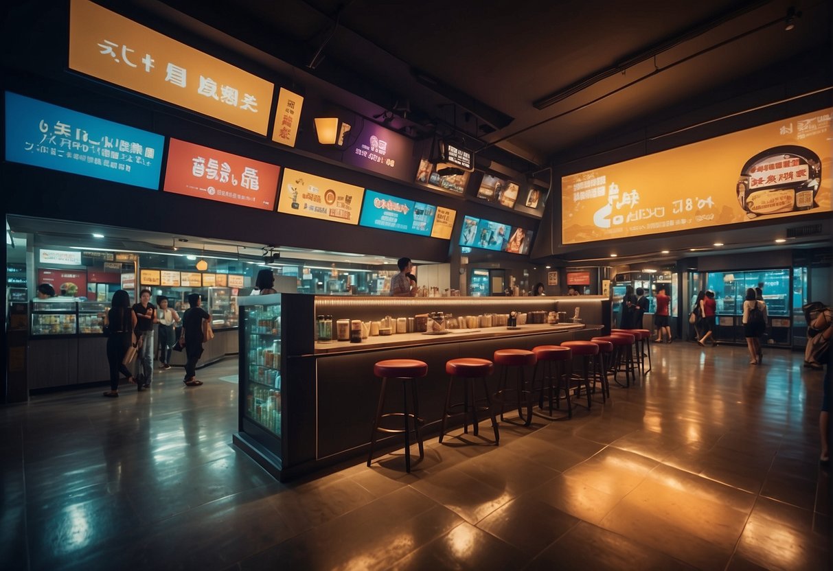 Brightly lit Paya Lebar GV cinema with colorful promotional banners and signs. bustling with activity and people