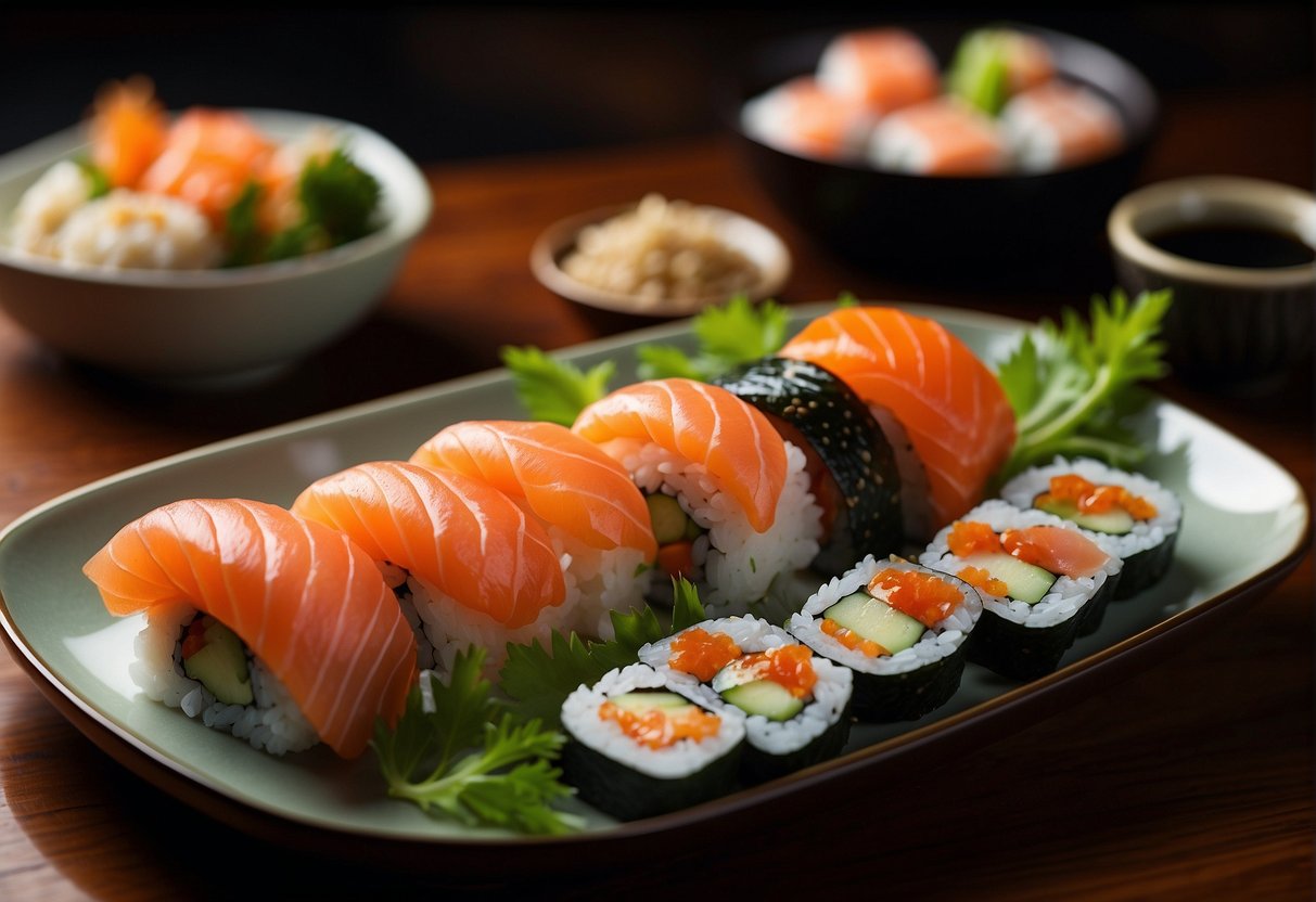 A table set with exquisite sushi, sashimi, and sake. Warm lighting and elegant decor create an inviting atmosphere for a memorable dining experience