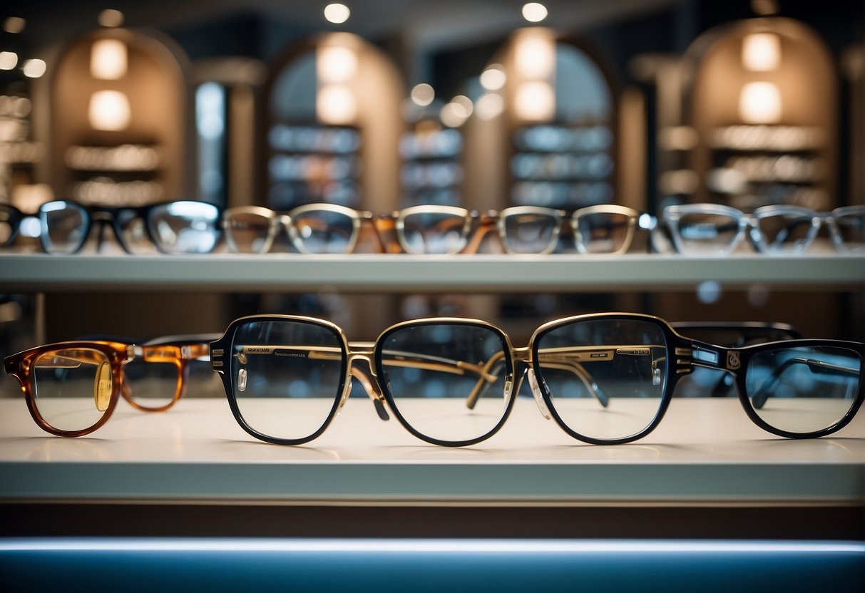 A display of trendy eyewear with promotional signs in a stylish optical shop in Singapore