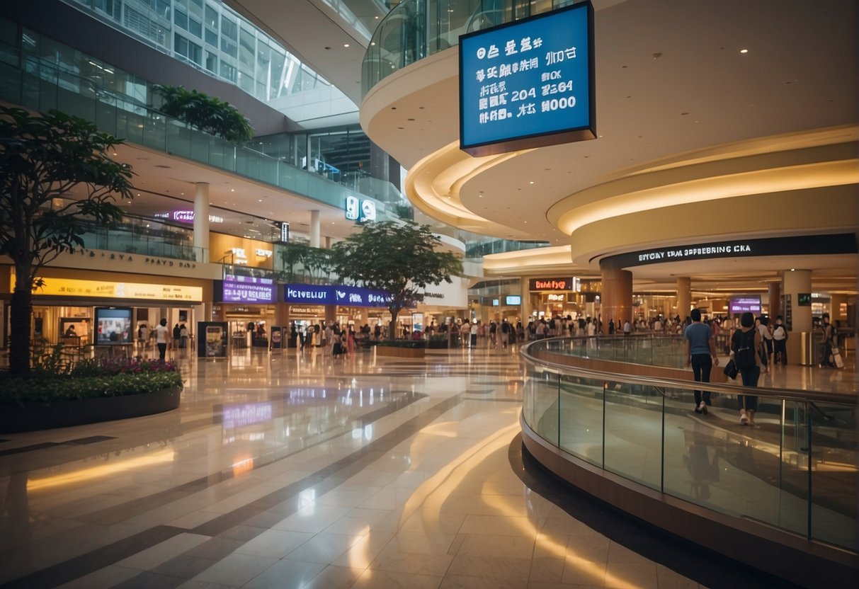 A bustling shopping mall with colorful promotional displays and a sign reading "Frequently Asked Questions Paya Lebar GV Promotions Singapore."