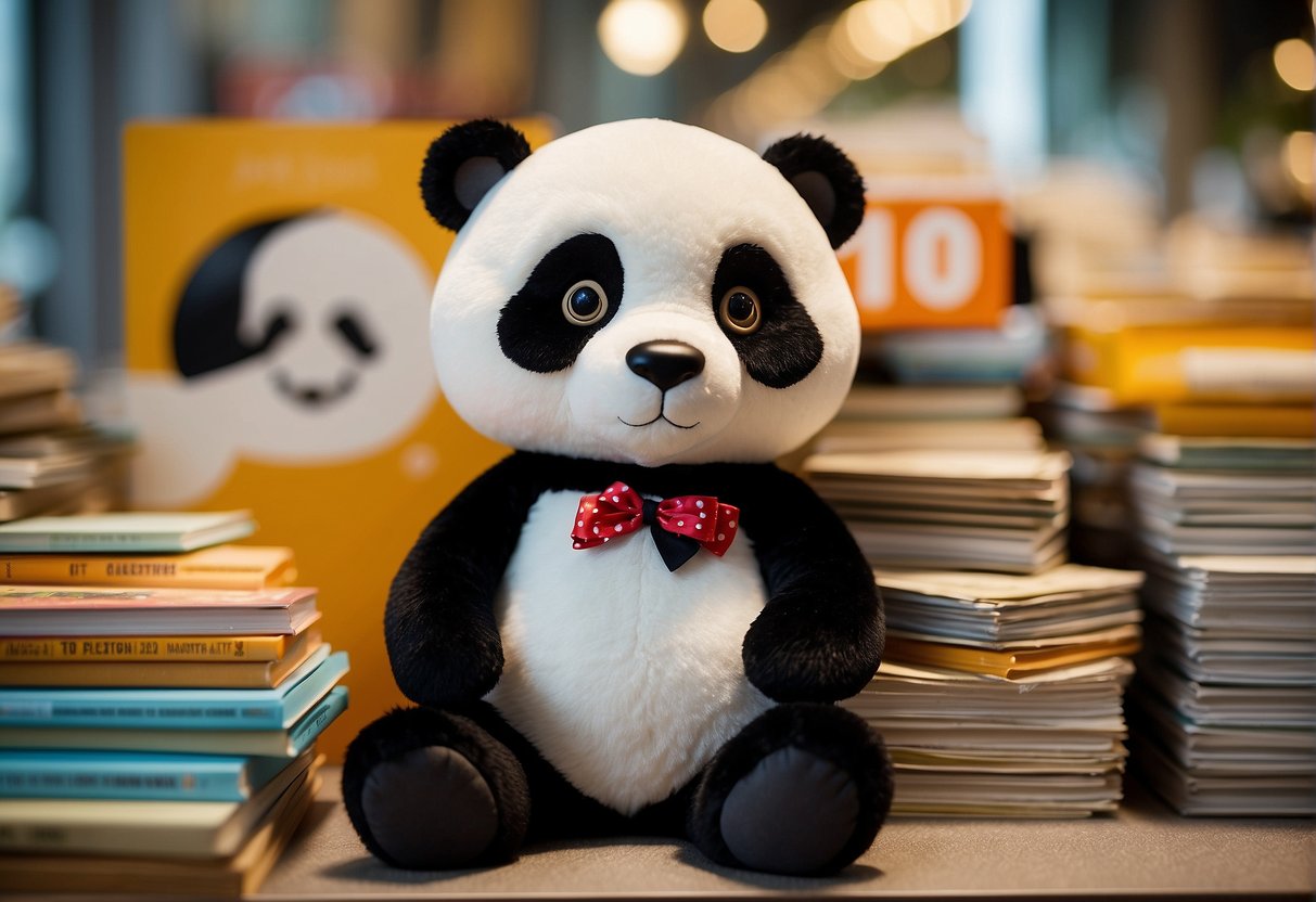 A panda mascot surrounded by question marks and promotional materials in Singapore