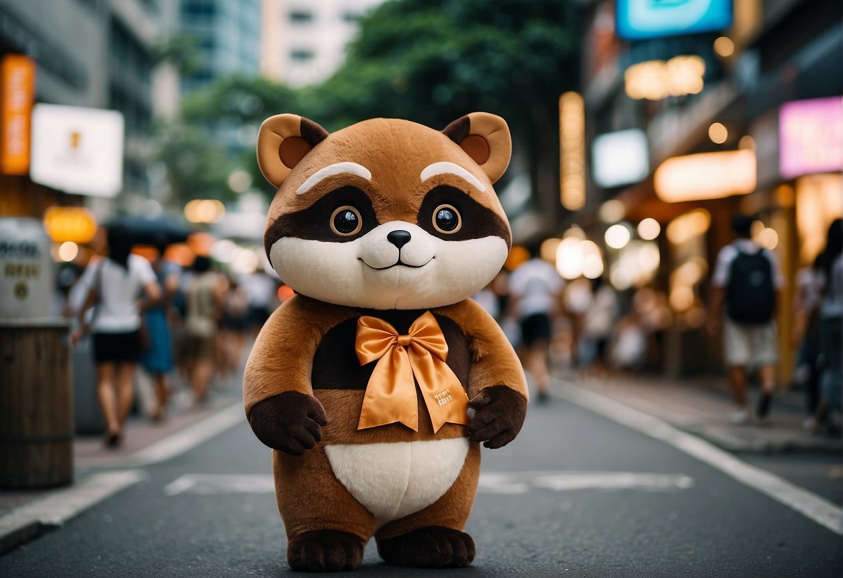 A tanuki mascot surrounded by FAQs signs in a busy Singapore street