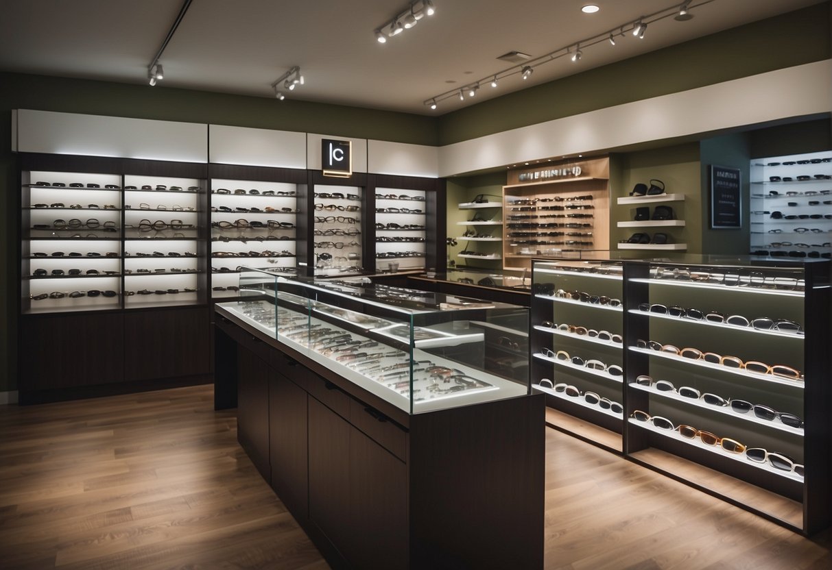 A brightly lit optical shop with shelves displaying a variety of stylish eyewear. A sign advertises promotions in bold lettering