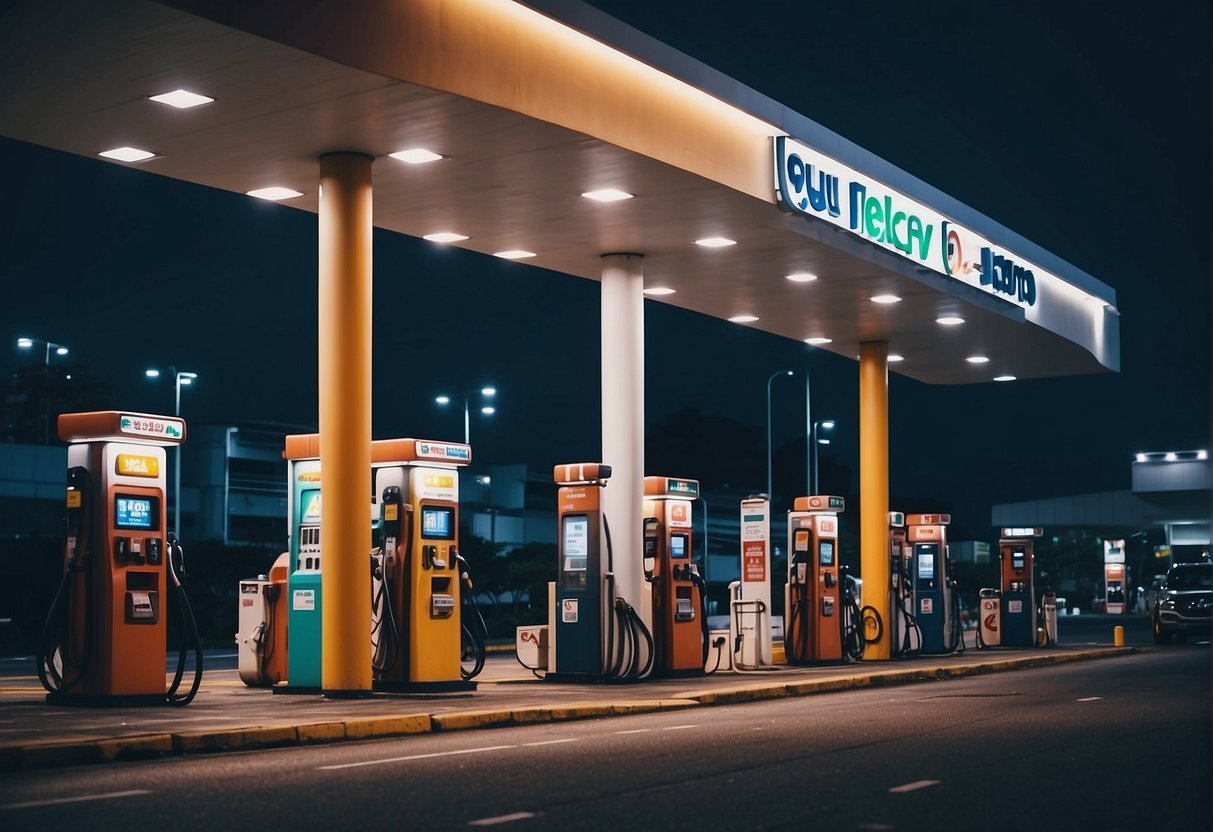 A colorful petrol station in Singapore with promotional signs, fuel pumps, and a line of vehicles waiting to refuel