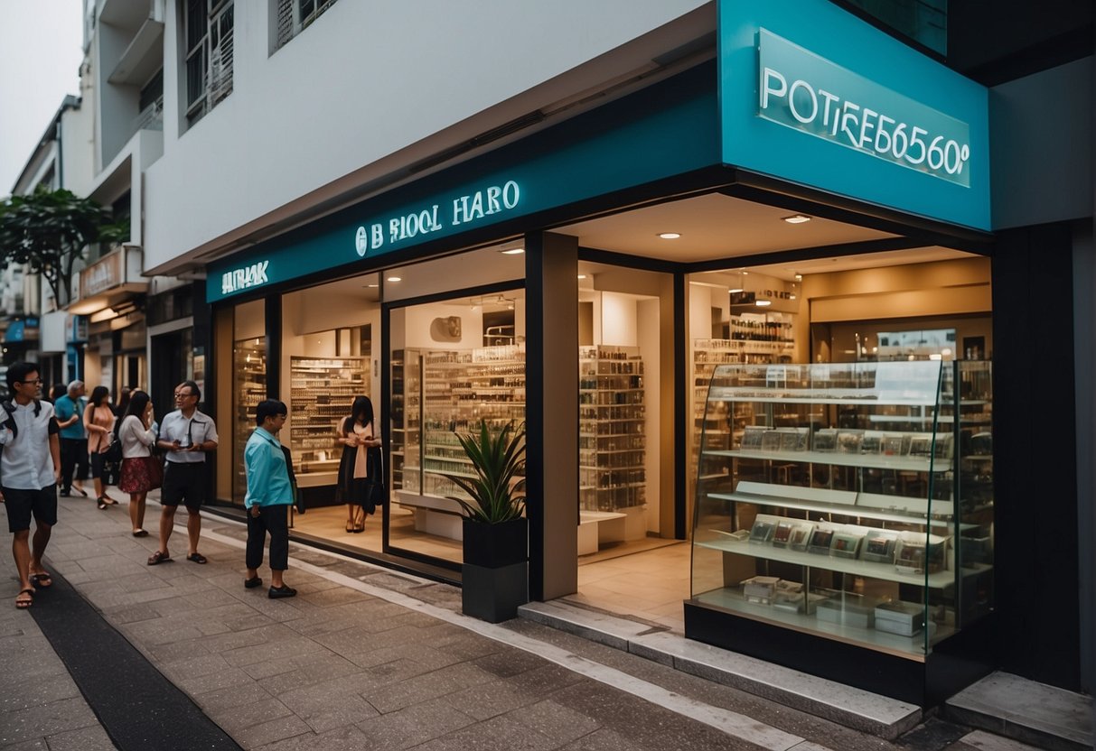 An optical shop in Singapore with colorful promotions displayed on the windows and a queue of customers waiting to enter