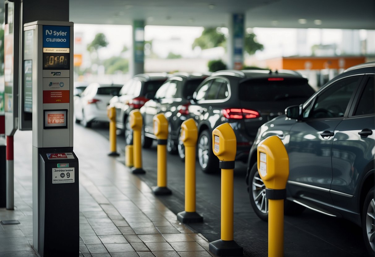 A crowded petrol station in Singapore with signage promoting frequent customer rewards. Cars lined up at pumps, attendants assisting customers