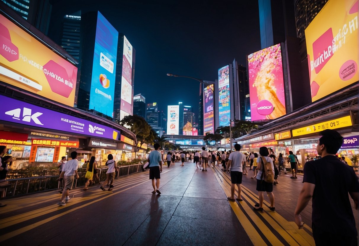 Colorful banners and posters fill the bustling streets of Singapore, advertising the latest PlayStation promotions. Bright lights and bold graphics catch the attention of passersby