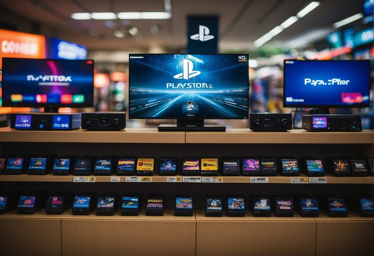 A colorful display of PlayStation game consoles and promotional banners in a Singaporean electronics store