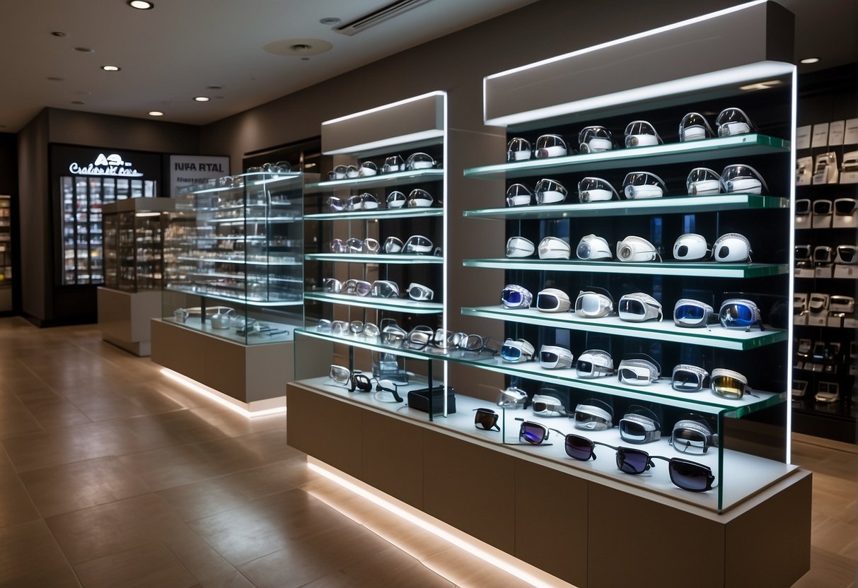 A display of progressive lens options with promotional signage in a Singaporean optical shop