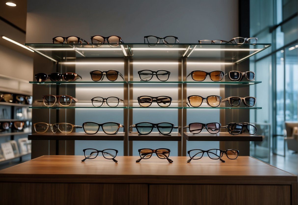 A display of various eyewear promotions in a Singaporean shop, including progressive lens offers. Bright signage and attractive packaging