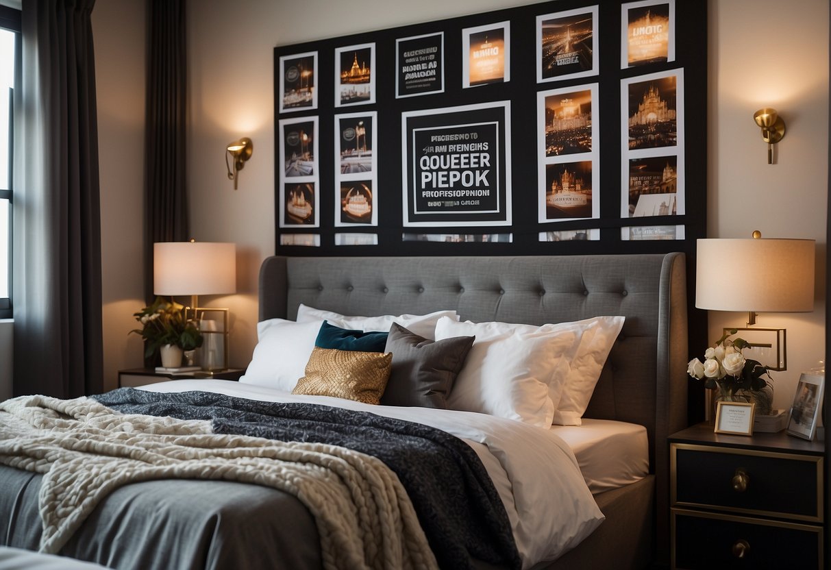 A queen size bed with luxurious bedding and pillows, surrounded by promotional signs and banners, creating a cozy and inviting atmosphere