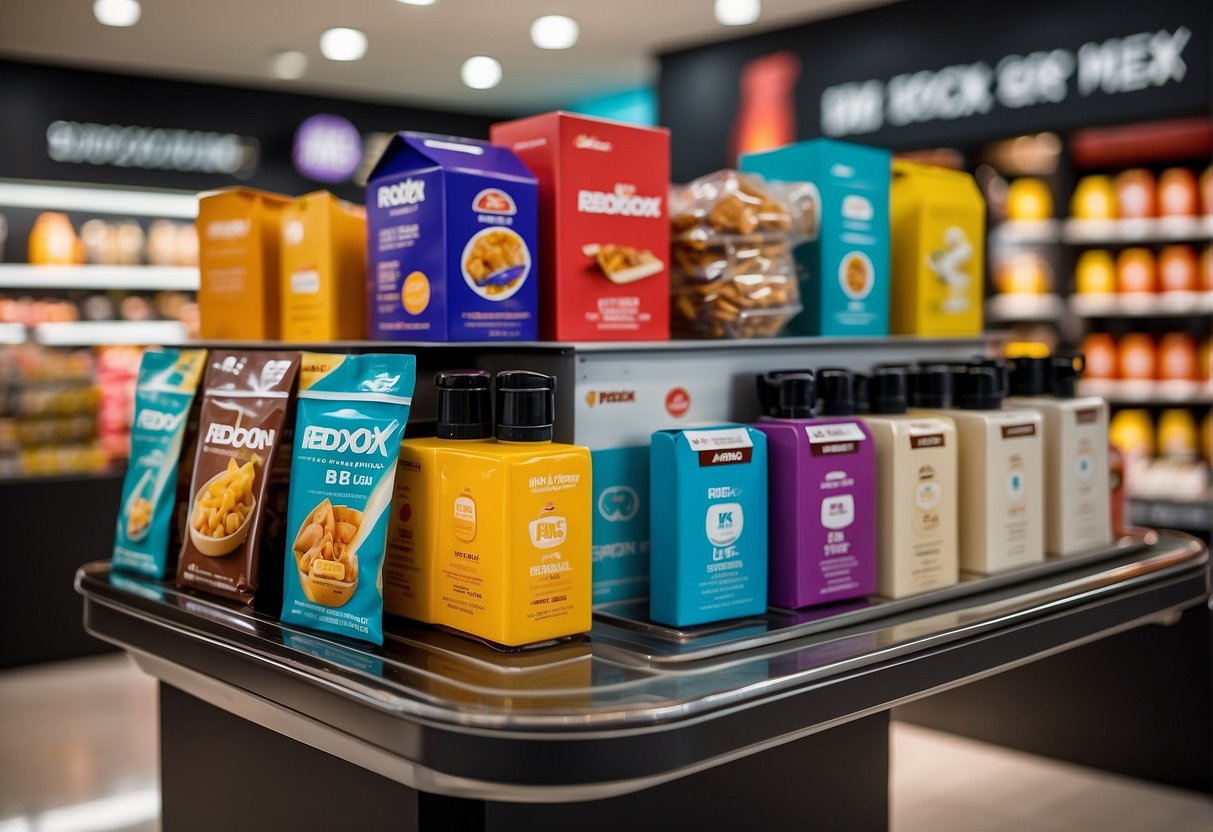 A vibrant display of Redoxon products arranged on a promotional stand in a bustling Singaporean retail store. Bright signage and attractive packaging catch the eye of passing shoppers