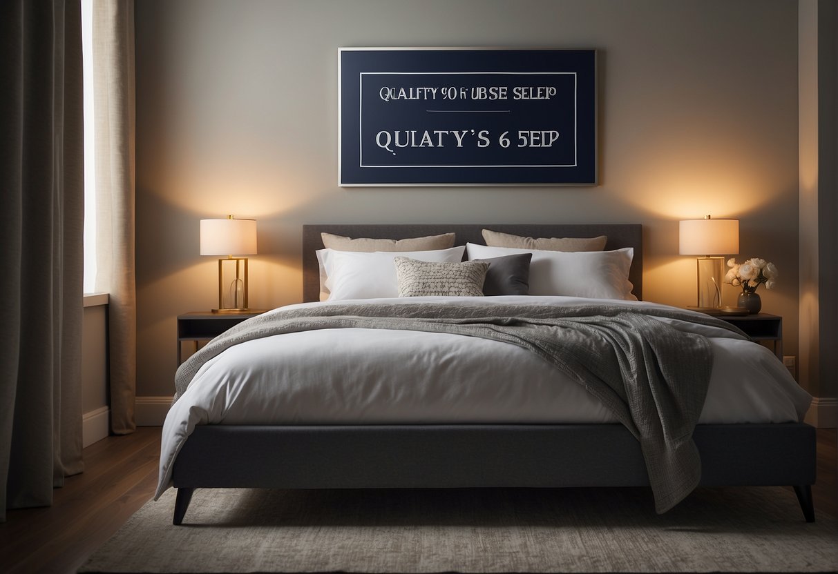 A queen size bed with a "Quality Sleep" promotion sign displayed prominently