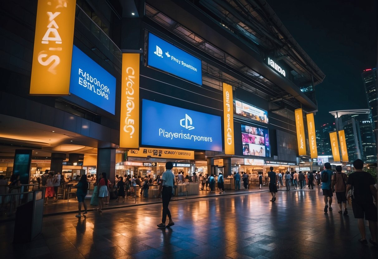 A vibrant display of "Frequently Asked Questions" banners and PlayStation promotions in a bustling Singapore setting