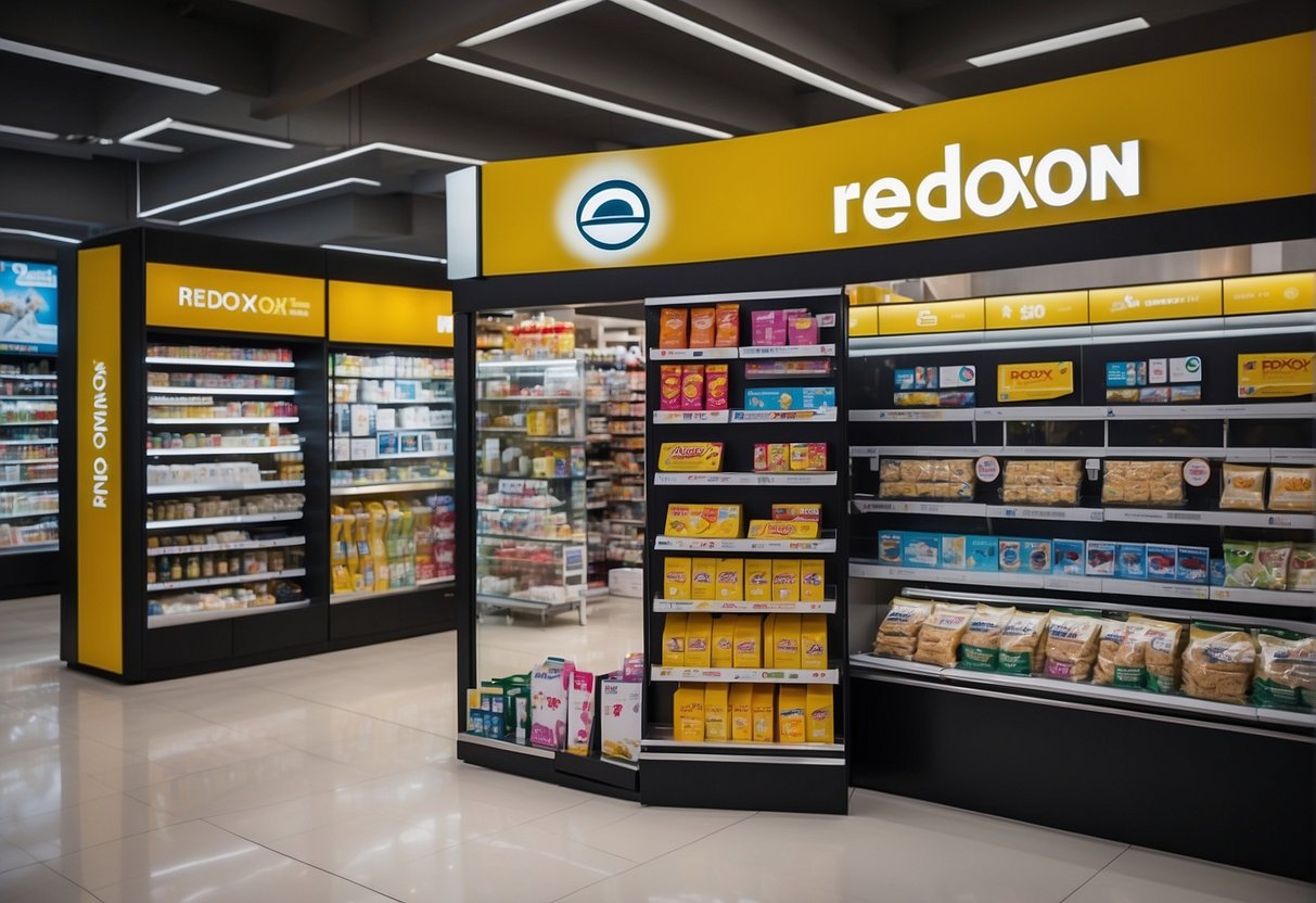 A bright redoxon product display in a bustling Singapore store, adorned with the latest 2024 promotions signage