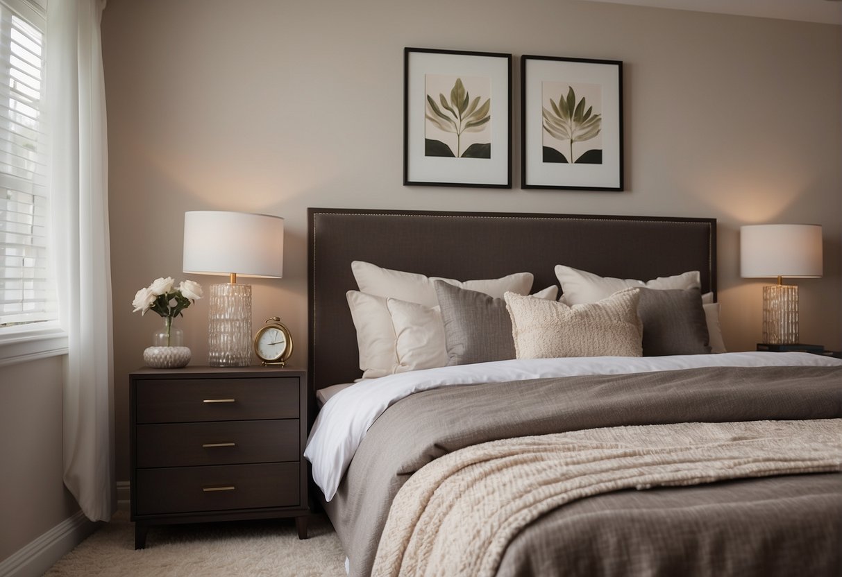 A queen size bed with matching nightstands and a cozy comforter, set against a backdrop of soft, neutral-colored walls and plush carpeting