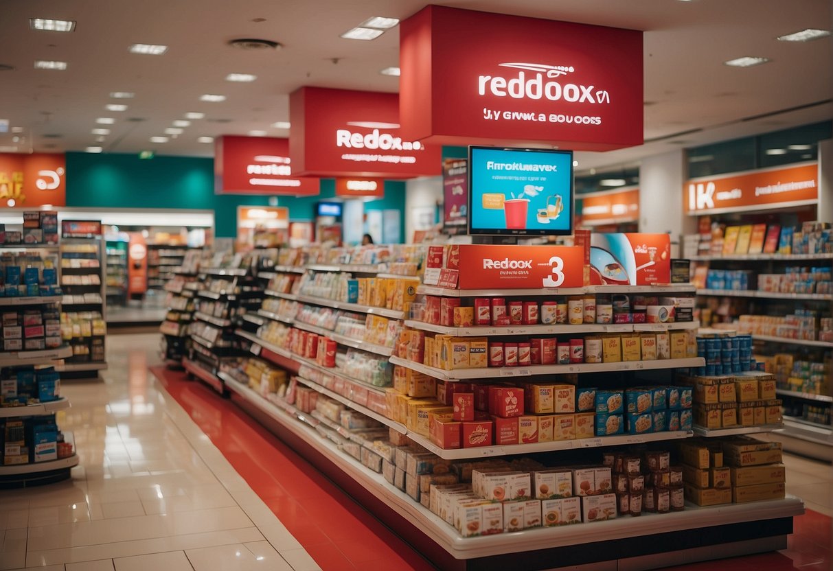 A vibrant display of Redoxon products with promotional signage in a bustling Singapore store