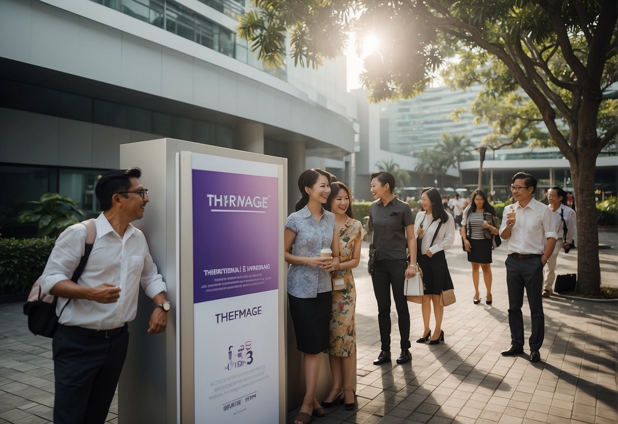 A group of people in Singapore are gathered around a display promoting thermage, with colorful banners and promotional materials on a sunny day