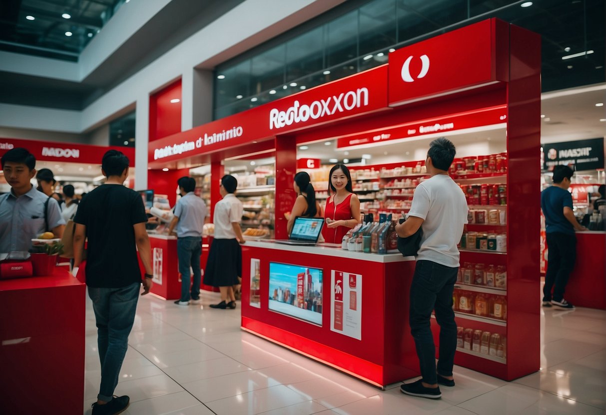 A bright red Redoxon promotional display stands out in a busy Singapore store, surrounded by curious shoppers