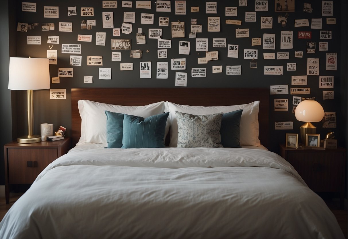 A queen size bed surrounded by question marks and promotional signs