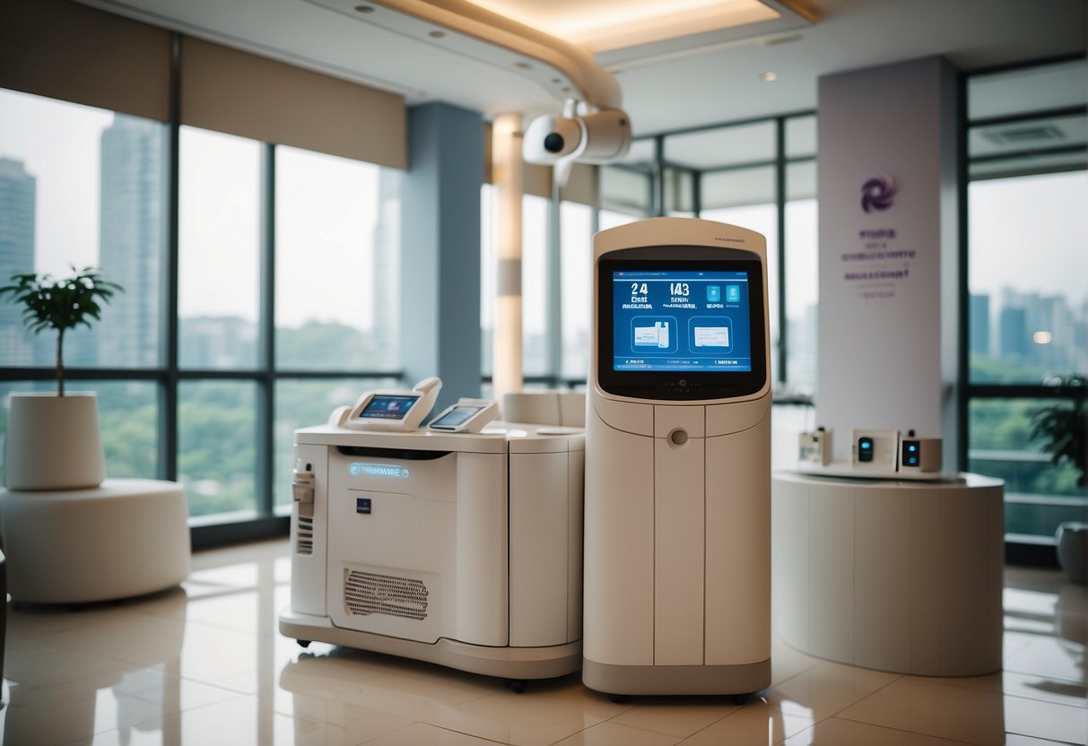 A model of Thermage FLX machine with promotional banners in a Singaporean clinic