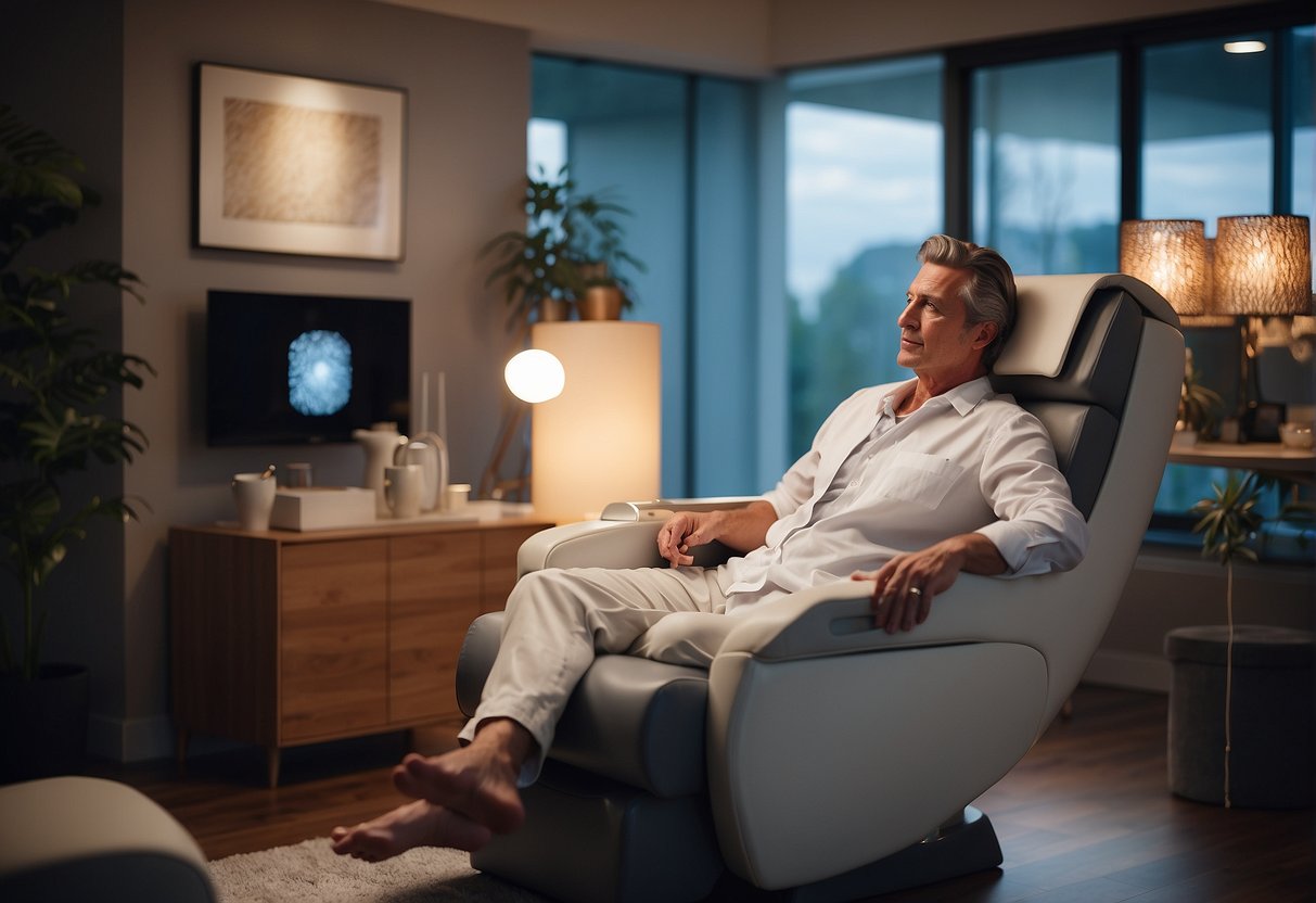 A person reclines comfortably in a chair as a technician uses a Thermage FLX device on their skin, emitting gentle heat to promote collagen production. The room is modern and serene, with soft lighting and calming music playing in the background