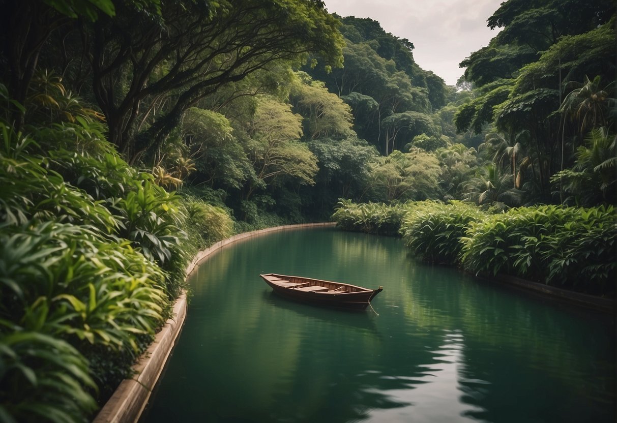 A boat glides through lush greenery along a serene river in Singapore, with vibrant wildlife and exotic plants visible along the banks