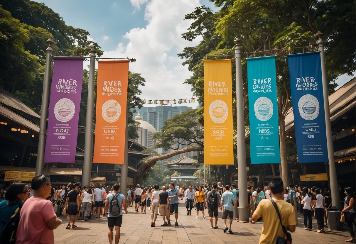 Colorful banners adorn the entrance of River Wonders, showcasing unmissable promotions. A crowd gathers, eager to explore the river safari in Singapore