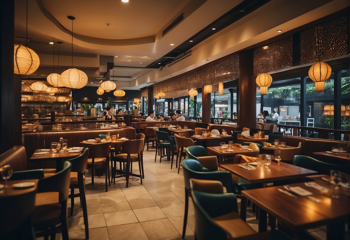 A bustling Saizeriya restaurant in Singapore, with colorful promotional banners and busy staff serving customers at tables