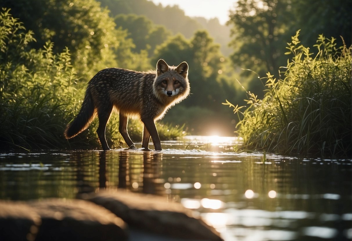 Animals roam freely along the riverbank, surrounded by lush greenery and glistening waters. The sun casts a warm glow, creating a serene and picturesque setting for wildlife encounters