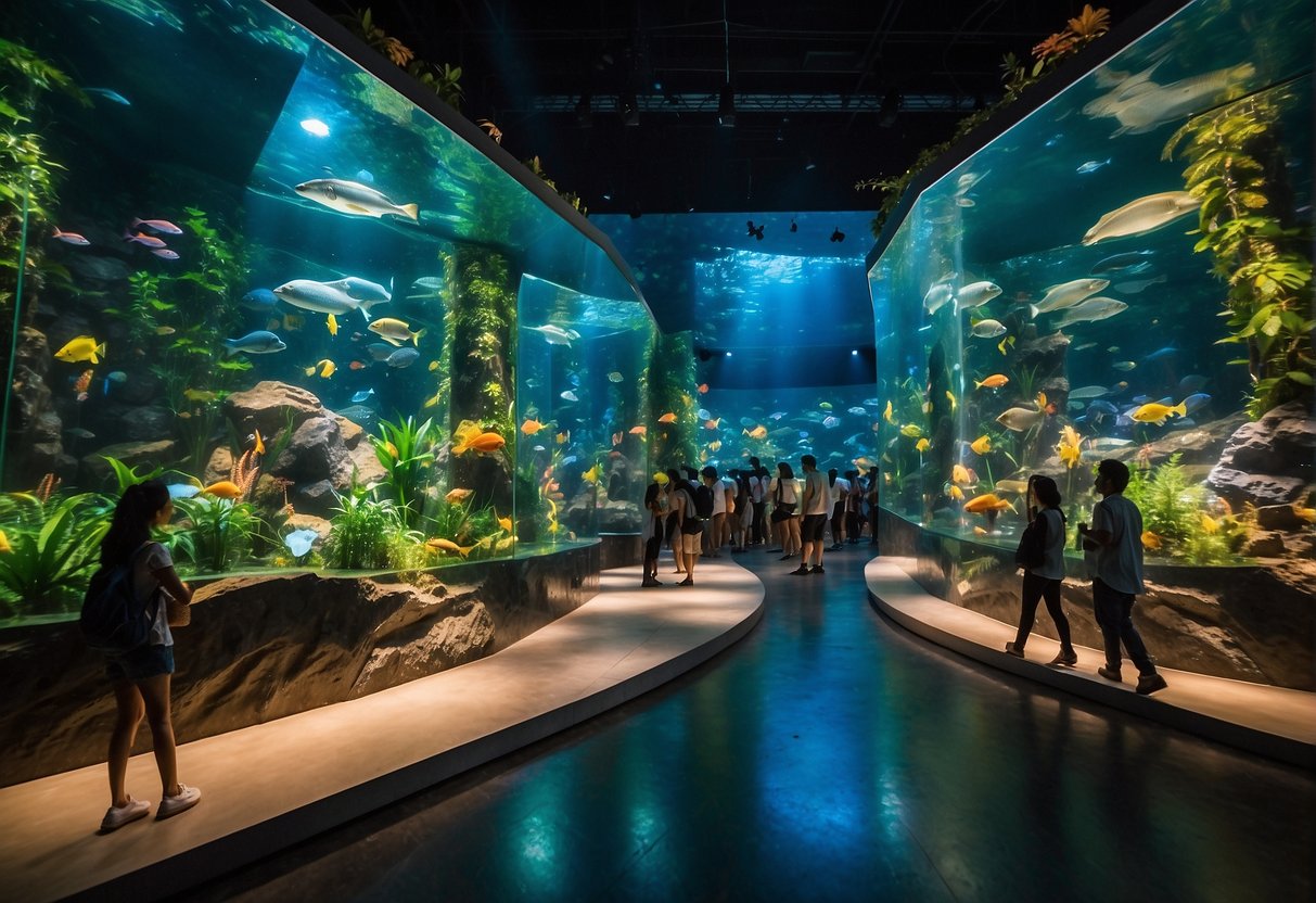 A vibrant river safari promotional event in Singapore, featuring interactive displays and enthusiastic visitors