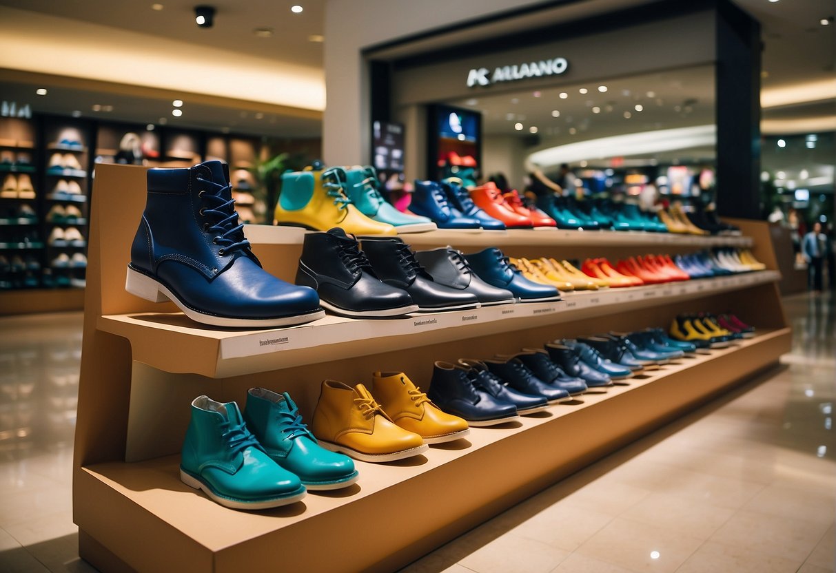 A display of school shoes on sale in a bustling Singapore mall. Bright signage and colorful shoe designs catch the attention of passing shoppers