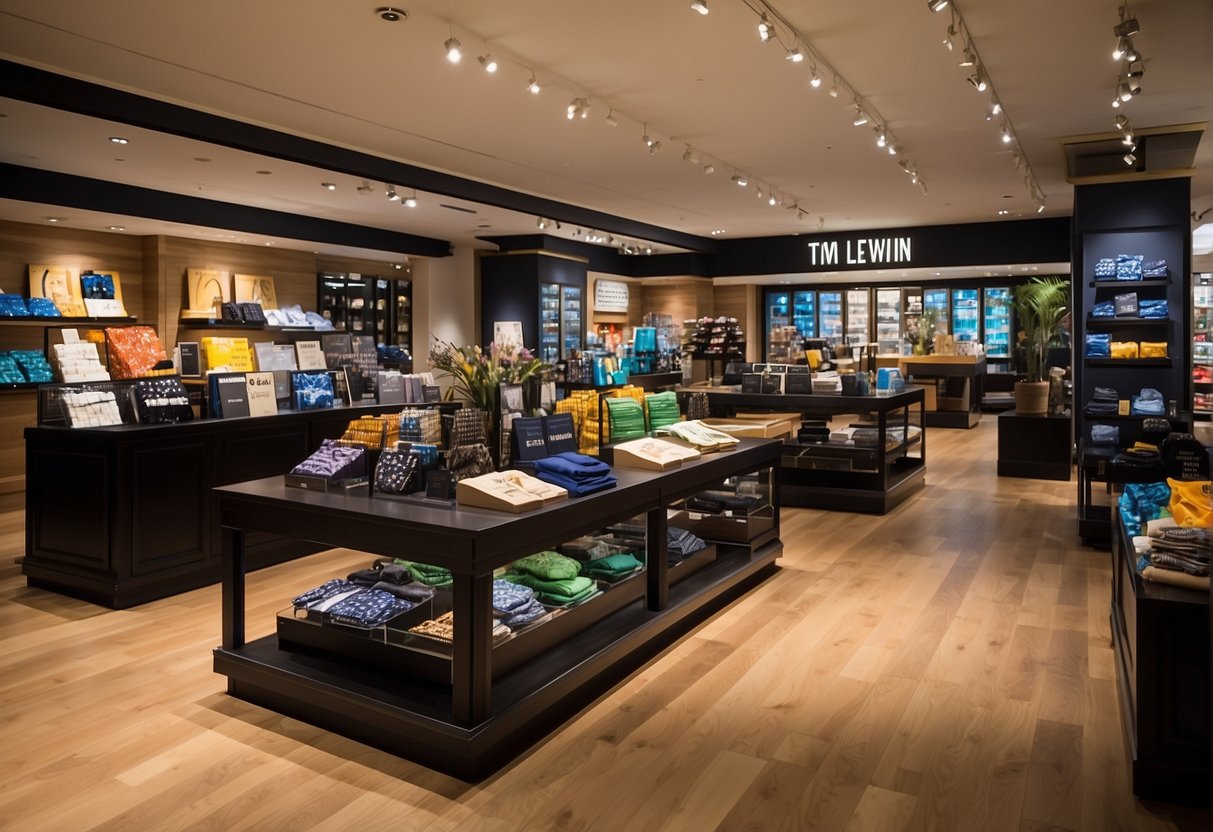 The T.M. Lewin store is filled with vibrant displays of promotional items, featuring bold signage and eye-catching product arrangements