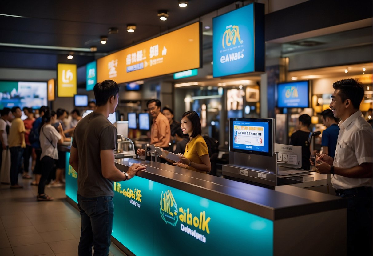 Customers lining up at Saizeriya promotions counter in Singapore. Brightly lit signage and colorful displays. Excited chatter and anticipation in the air
