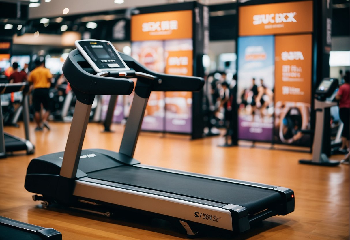 A treadmill surrounded by promotional banners in a bustling Singapore fitness expo