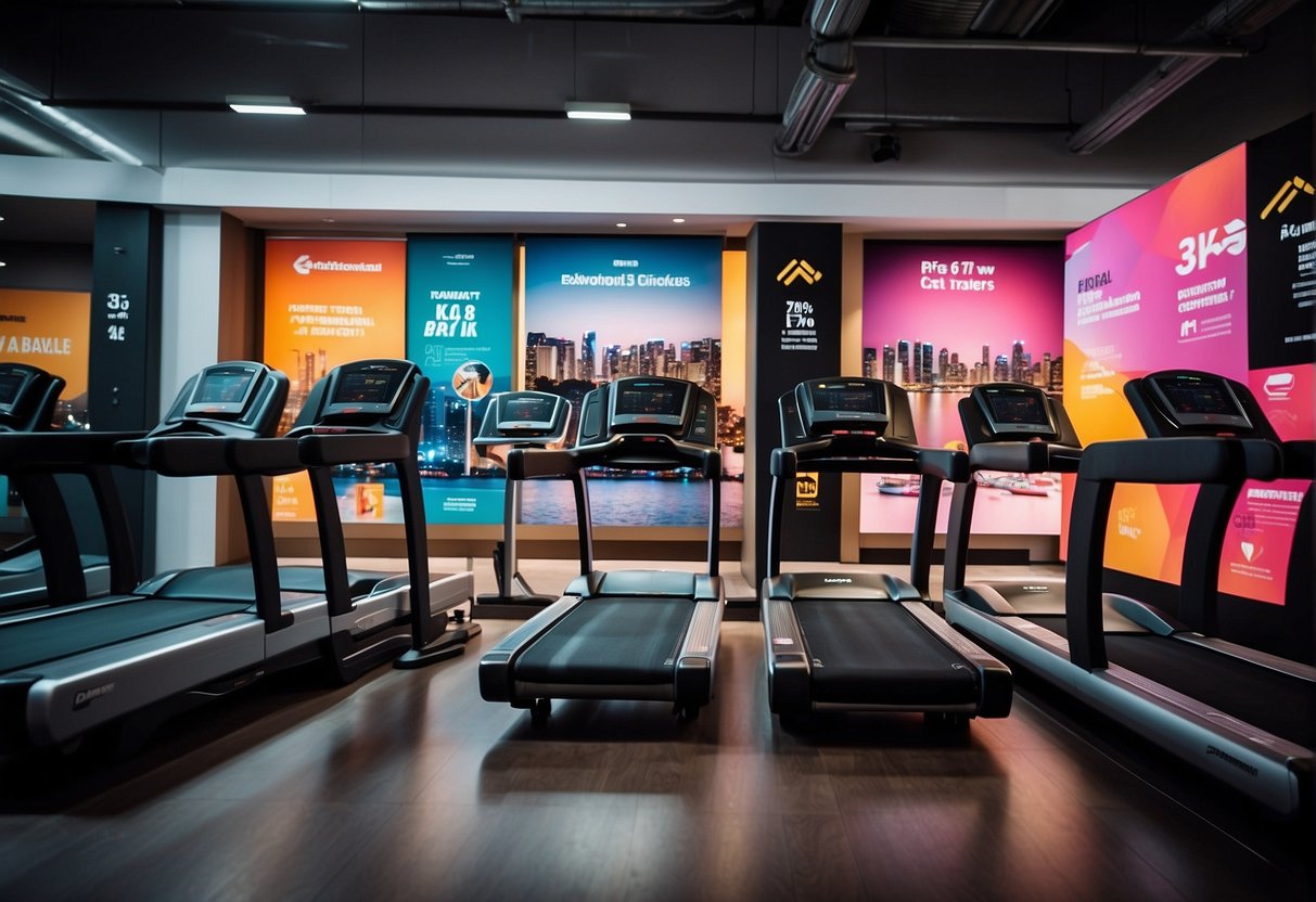 A sleek, modern treadmill sits in the center of a bustling Singapore gym, surrounded by vibrant promotional banners and energetic customers trying out the latest features
