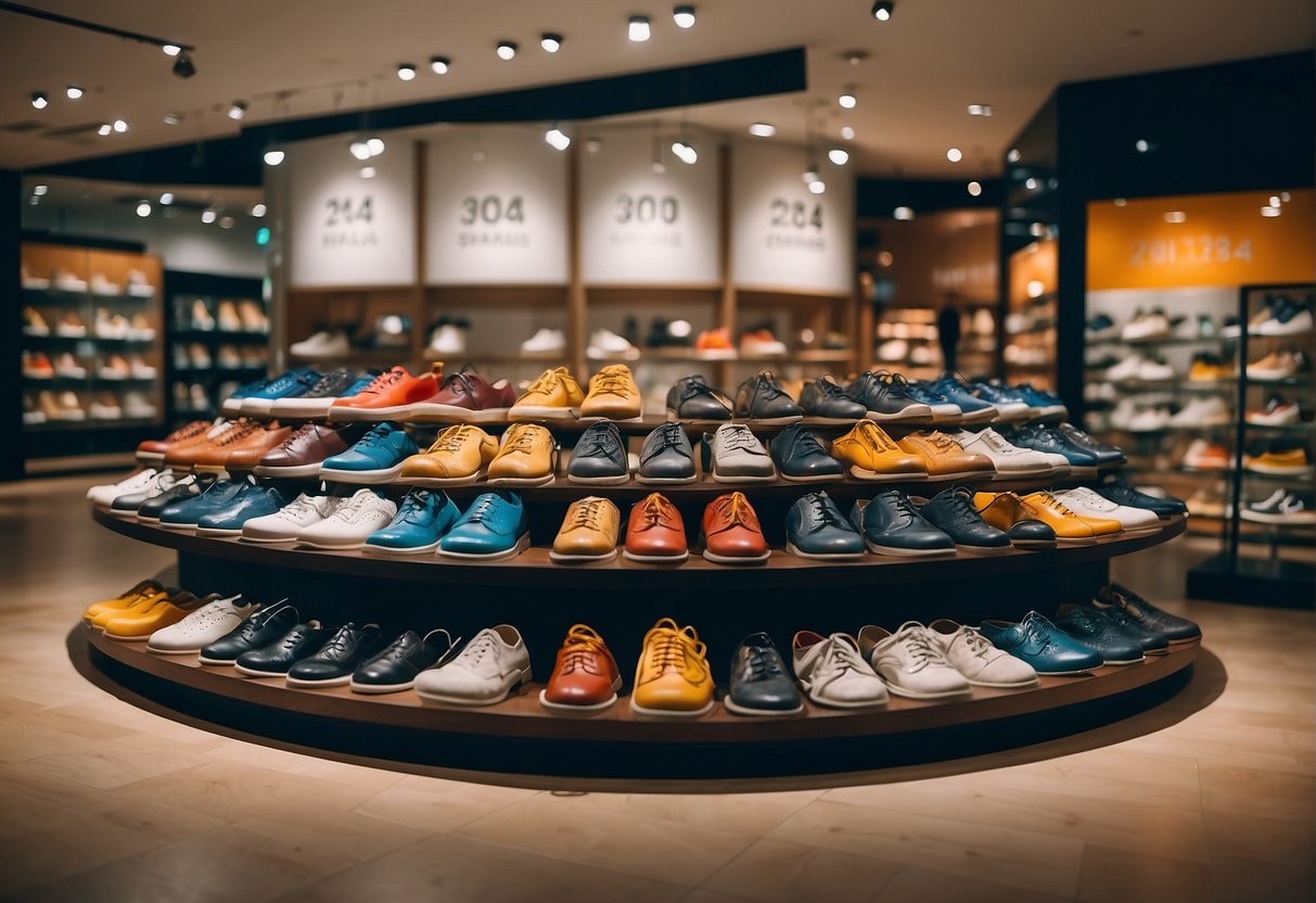 A display of top 2024 school shoe promotions in a Singapore store, featuring various styles and colors