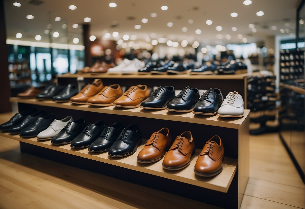 A display of school shoes with promotional signs in a Singaporean store