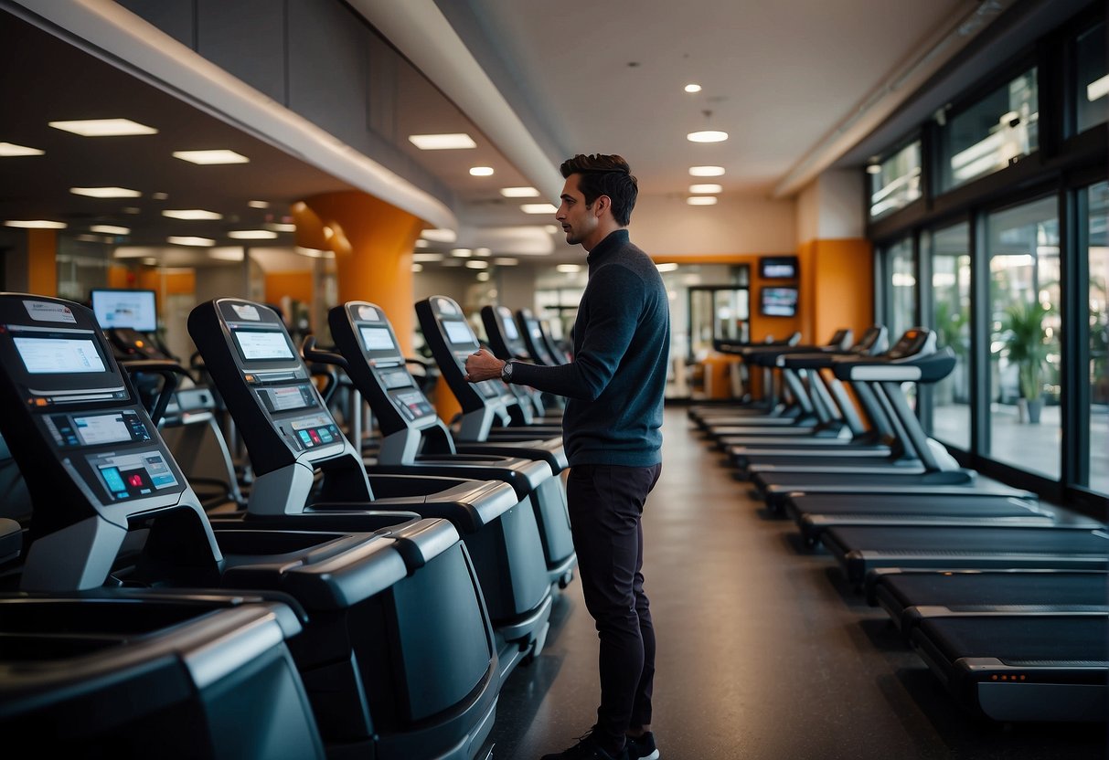 A person stands in front of a row of treadmills, comparing features and prices. Bright promotional signs hang above each machine