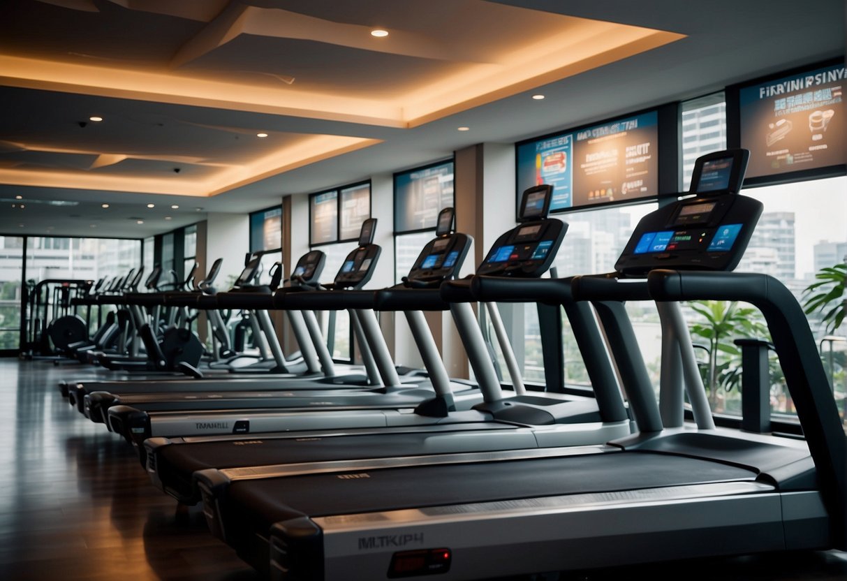 A treadmill surrounded by promotional banners in a bustling Singapore gym. Customers inquire about the offers, while staff explain the benefits