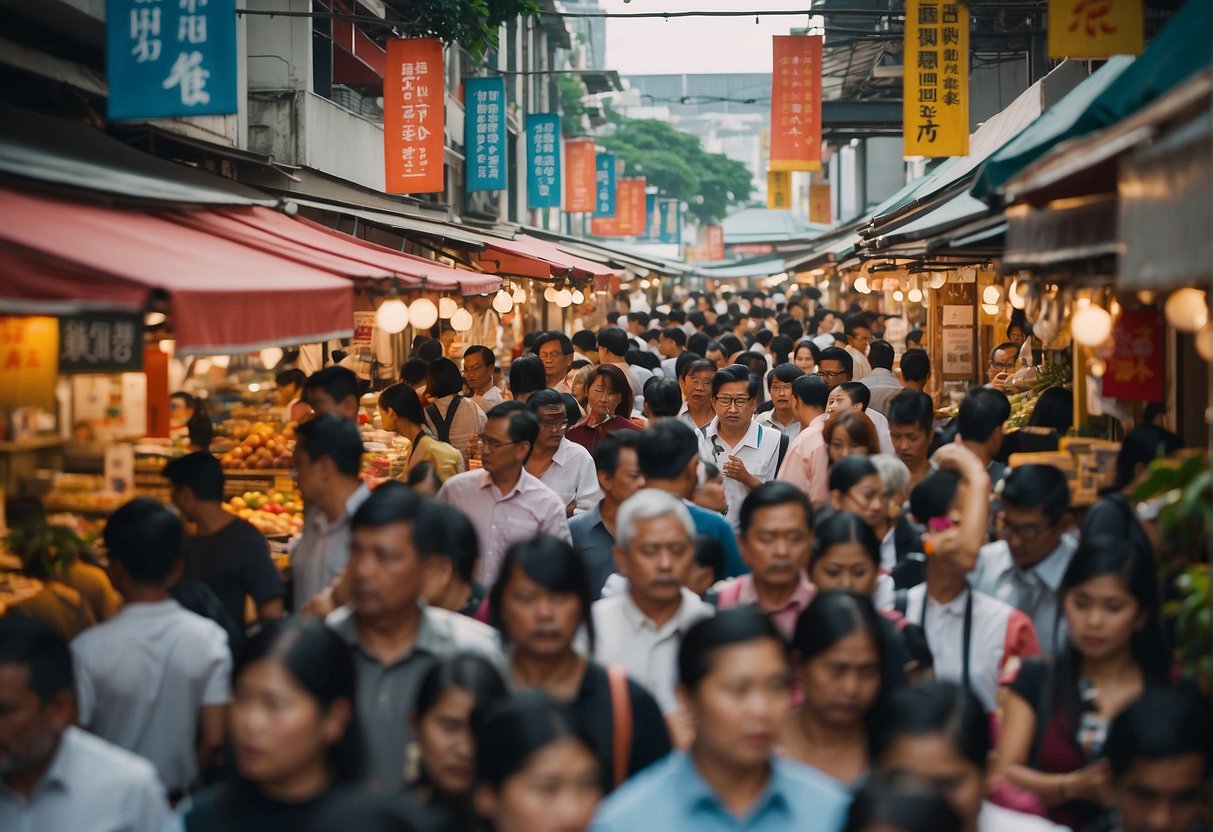 A bustling marketplace with colorful signs and banners advertising ShopBack Singapore promotions. People browse and shop, while vendors call out deals