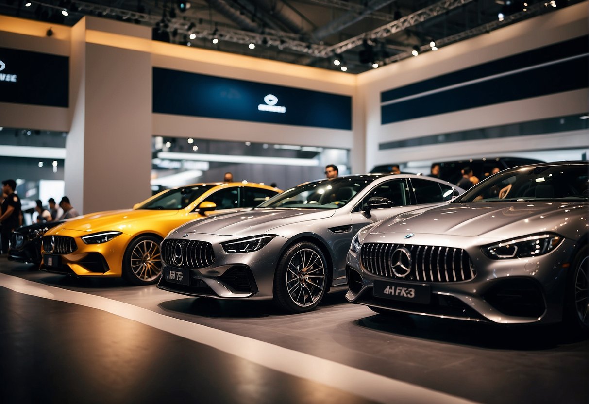 Luxury cars gleam under bright lights at a bustling motor show in Singapore. Promotional banners flutter in the air, drawing in crowds of eager car enthusiasts