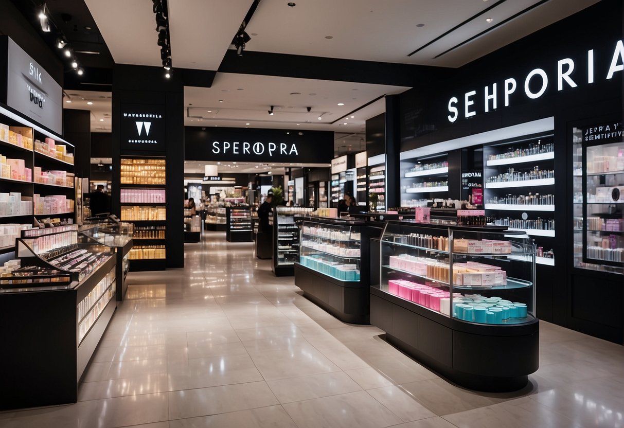 Sephora Singapore promotions: vibrant display of beauty products, colorful signage, and busy shoppers browsing the latest deals