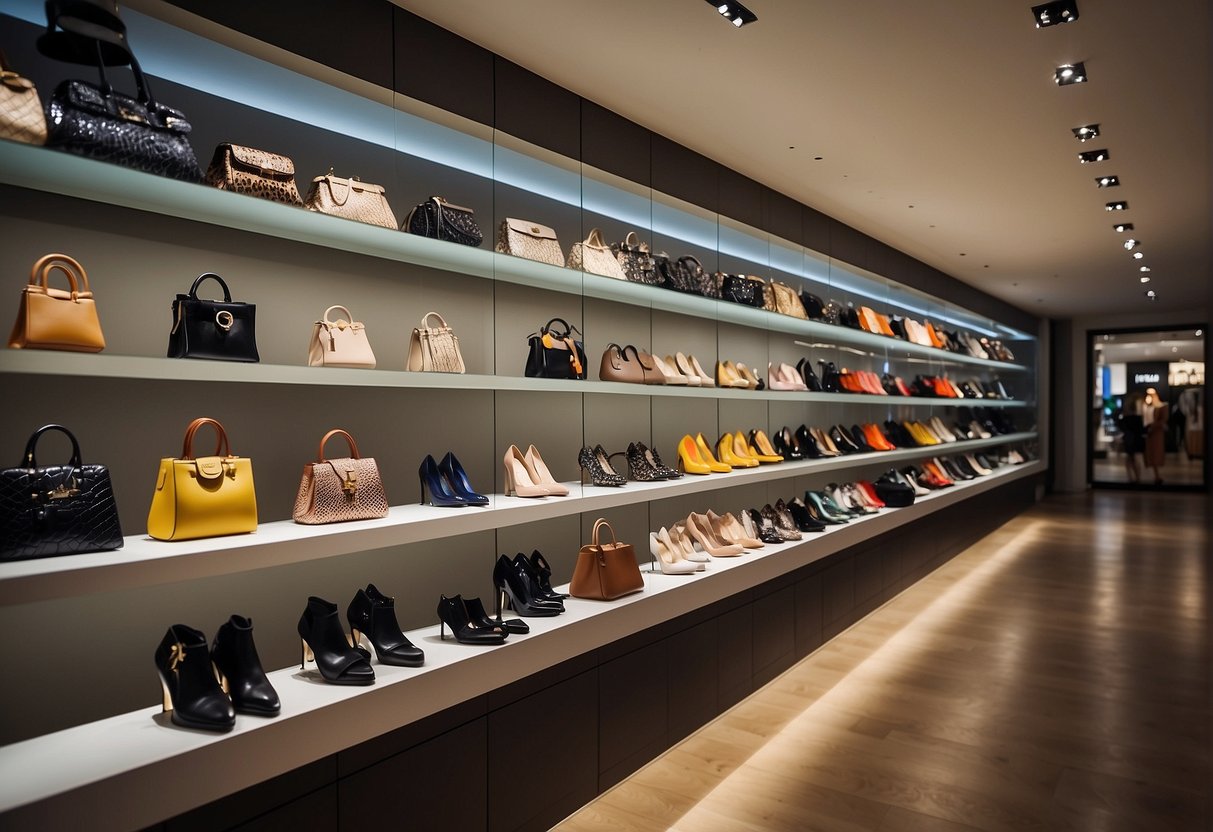 A vibrant display of luxury fashion items on sale at Vestiaire Collective in Singapore. Brightly lit shelves showcase designer clothing, shoes, and accessories, enticing shoppers with discounted promotions