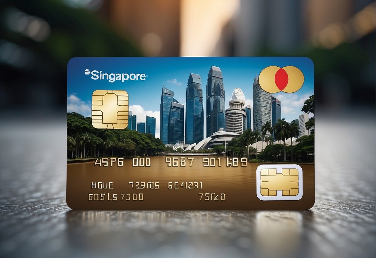 A credit card surrounded by iconic Singapore landmarks and symbols, with promotional banners and discounts displayed nearby